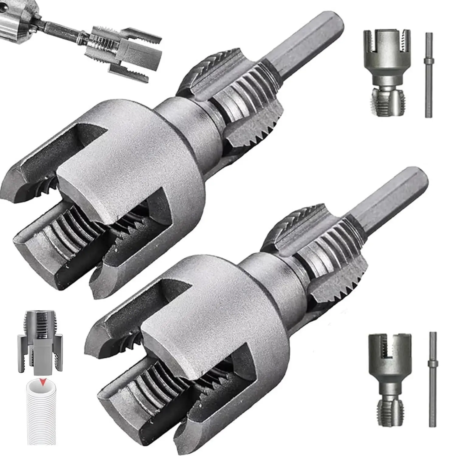 4 in 1 Water Pipe Wrench, Universal Pipe Opener for PVC Pipes, Integrated Internal & External Pipe Threading Tool for 1/2", 3/4" Water Pipes, Drill Driven Plumbing Repair Set