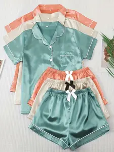 Women's Solid Contrast Binding Bow Decor Pajama Set, Short Sleeve Button Front Lapel Shirt & Shorts Pj Set, Ladies Summer Sleepwear & Loungewear