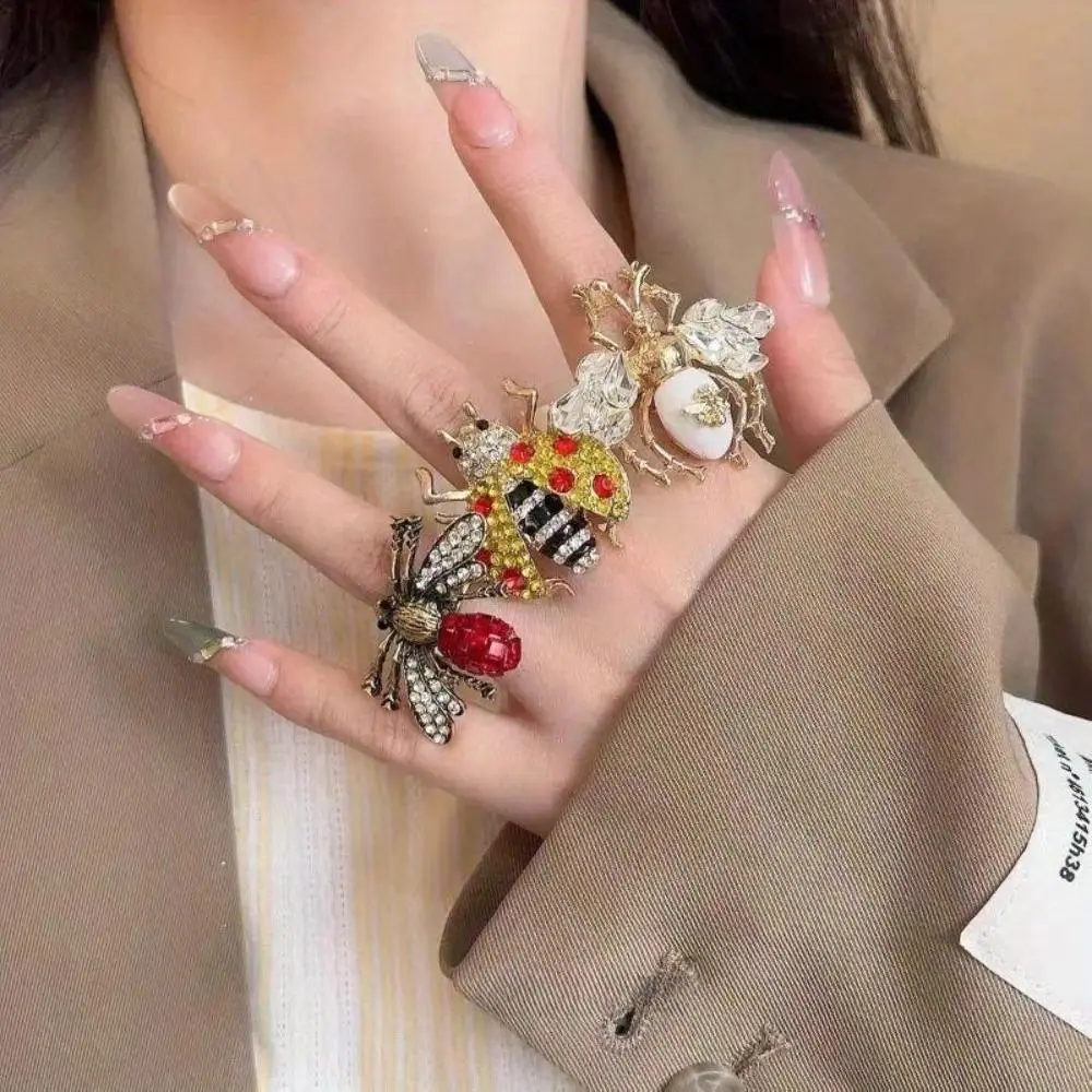 Vintage-Inspired Beetle Shape Unisex Stackable Rhinestone-Decorated Vintage Ring - Adjustable Open Alloy Band, Funky Unique Sports & Outdoor Fan Shop Accessory for Gifting, Stackable Ring, Rhinestone Decorated Ring