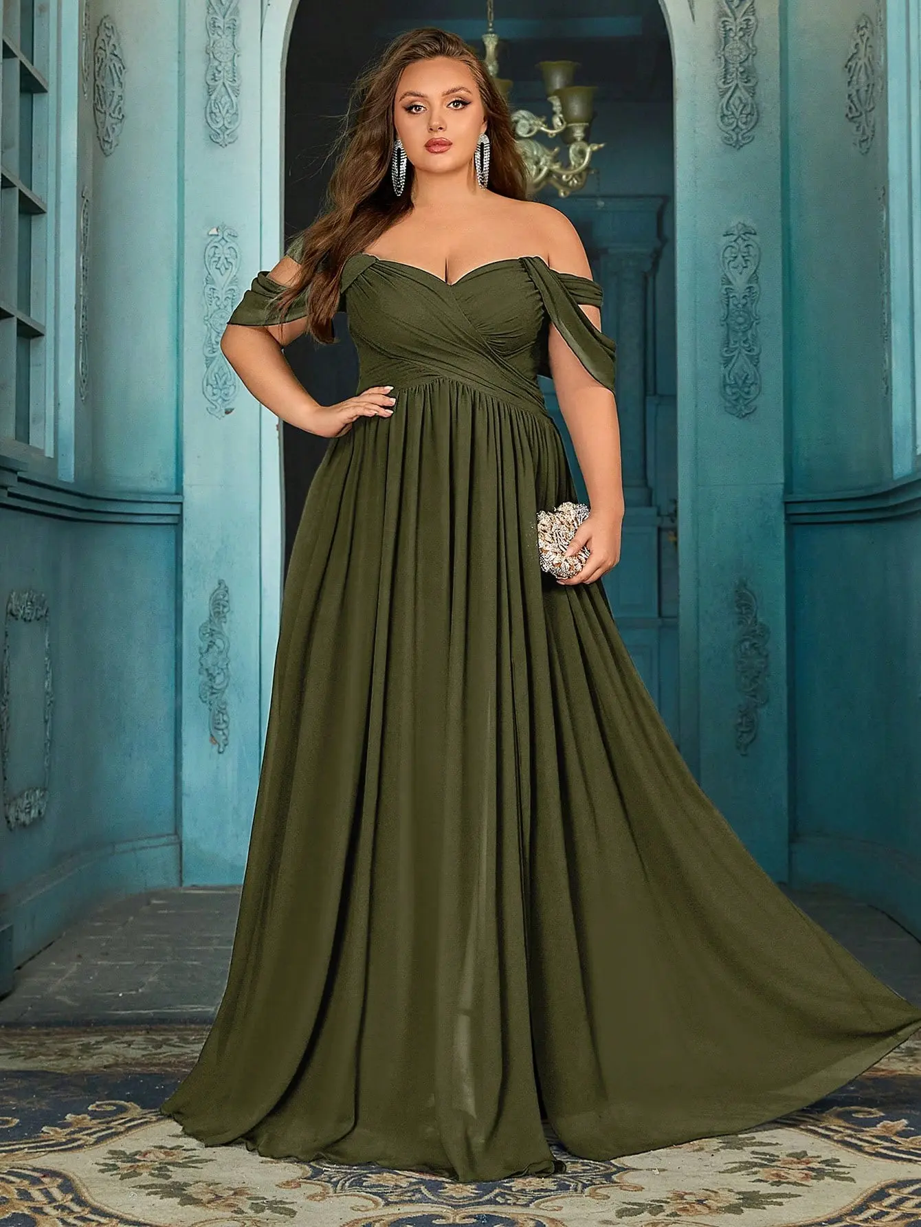 Plus Size Olive Green Off Shoulder Chiffon Bridesmaid Dress | High Slit A-line Wedding Guest Gown - TikTok Shop Plus Size Olive Green Off Shoulder Chiffon Bridesmaid Dress | High Slit A-line Wedding Guest Gown - TikTok Shop