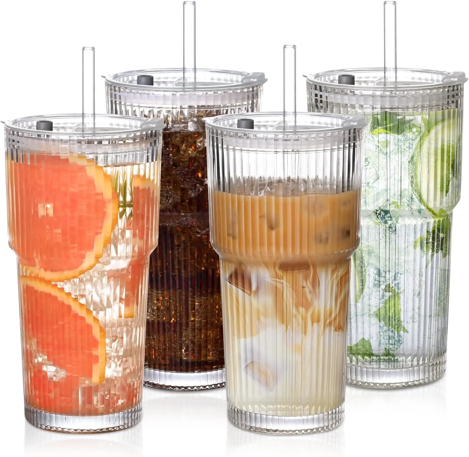 18 Oz Glass Cups with Lids and Straws 4 Pack Ribbed Borosilicate Tumblers for Iced Coffee Smoothies Boba Beer Cocktails Hot Cold Drinking Glasses 500-1000 Ml Durable Premium Glass Spill-Resistant Travel Ready