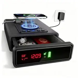 Biometric Personal Safe Container with Wireless Charging for Phone&Watch, 3 Quick Access Money Box with Fingerprint Backlit Keypad - Compact Bedside Drawer Safe, 24/7 Digital Clock