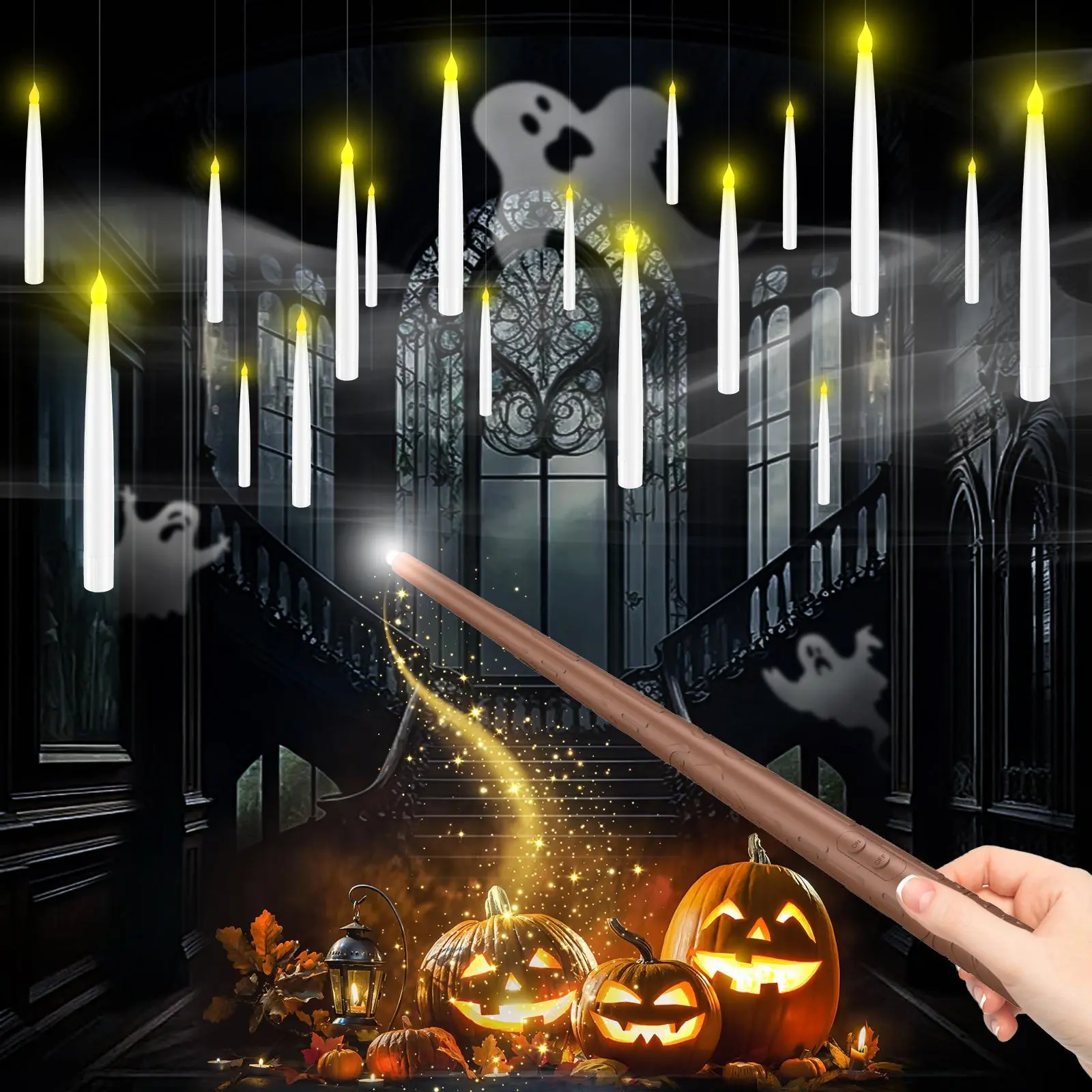 18 Pack Flameless Candles with Magic Wand Remote for Christmas Decor, 6.6" Floating Candles Battery Operated Hanging Window Candles, Flickering Electric LED Candle for Christmas Halloween Decorations