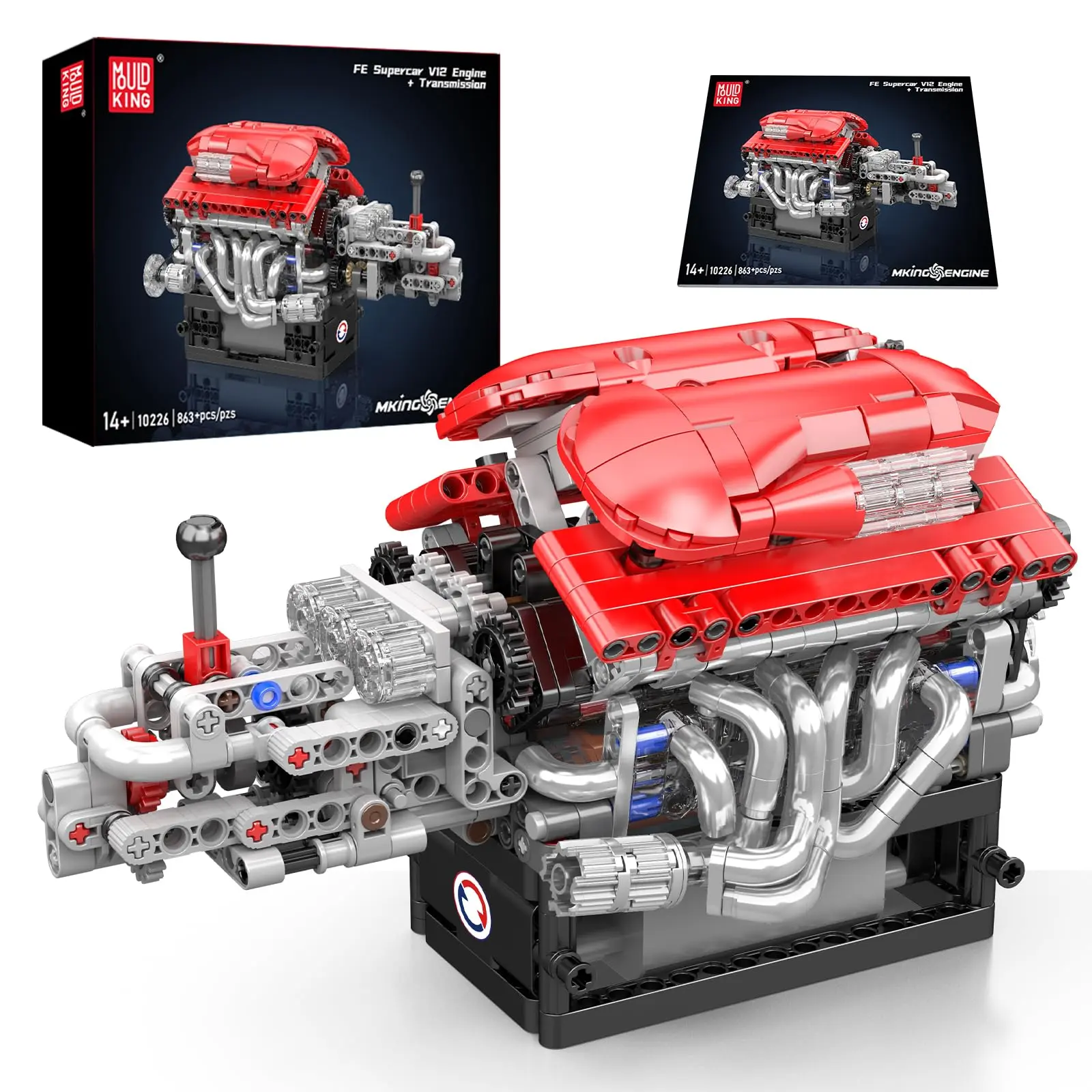 Mould King 10226 FE Supercar V12 Engine Building Kit with Gearbox,863+ Pieces Mechanical Model Featuring Working Multi-Speed Transmission