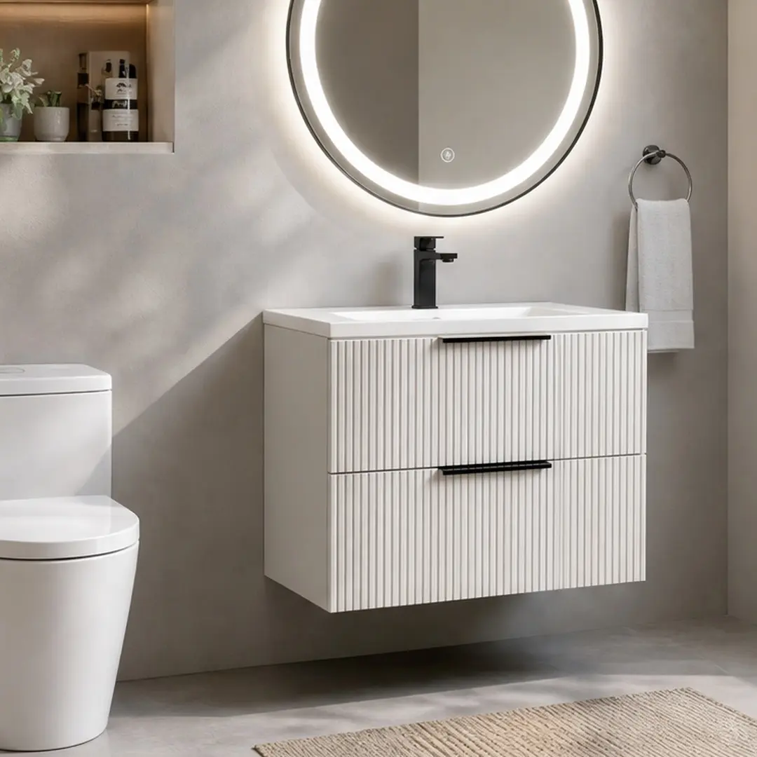 ARCH 24 Inch Wall Mounted Bathroom Vanity Cabinet with Ceramic Sink, Antique Gray MDF Floating Fluted Vanity with Two Drawers, Modern Wall-Hung Bathroom Storage Cabinet for Small Space, Easy Assembly, Antique Gray Color Options, MDF Material