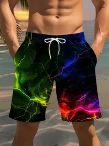 Men's Lightning Graphic Beach Shorts, Summer Quick-Dry Gym Shorts, Casual Loose-Fitting Mid Waist Swim Trunks, Swimming Shorts, Swimwear Shorts