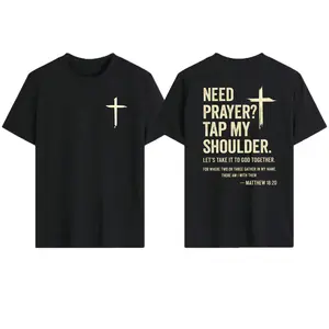Faith Based Religious Quote Tee, Front Small Cross Back Bible Scripture Print Loose Fit Christian Prayer T-Shirt Church Daily Wear Black Apparel