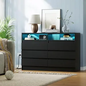 Garvee 6 Drawer Dresser with Charging Station and LED Lights, Modern Chest of Drawers with Power Outlet, Organizer Cabinet for Bedroom, Living Room, Entryway