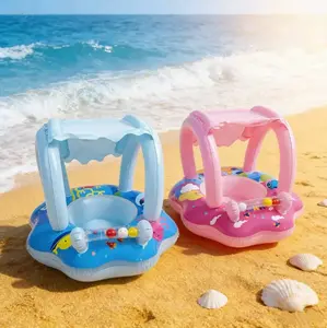 Anti-Rollover Baby Swim Ring with Canopy,  Inflatable Seat with Toy Bar for Safe Summer Water Play