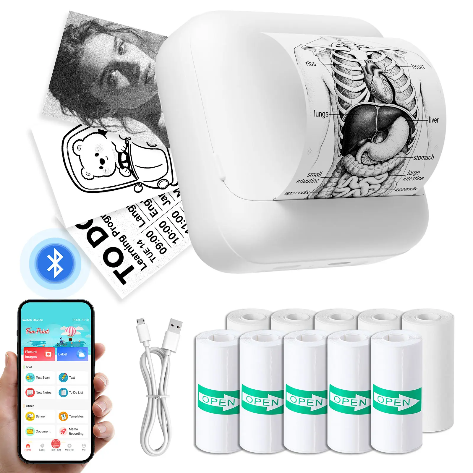 tenwin 2-Inch Wireless Sticker Printer - Inkless Bluetooth Thermal Transfer Printer, Portable Handheld Device for Study Notes, Journals, Birthday Gifts for Kids