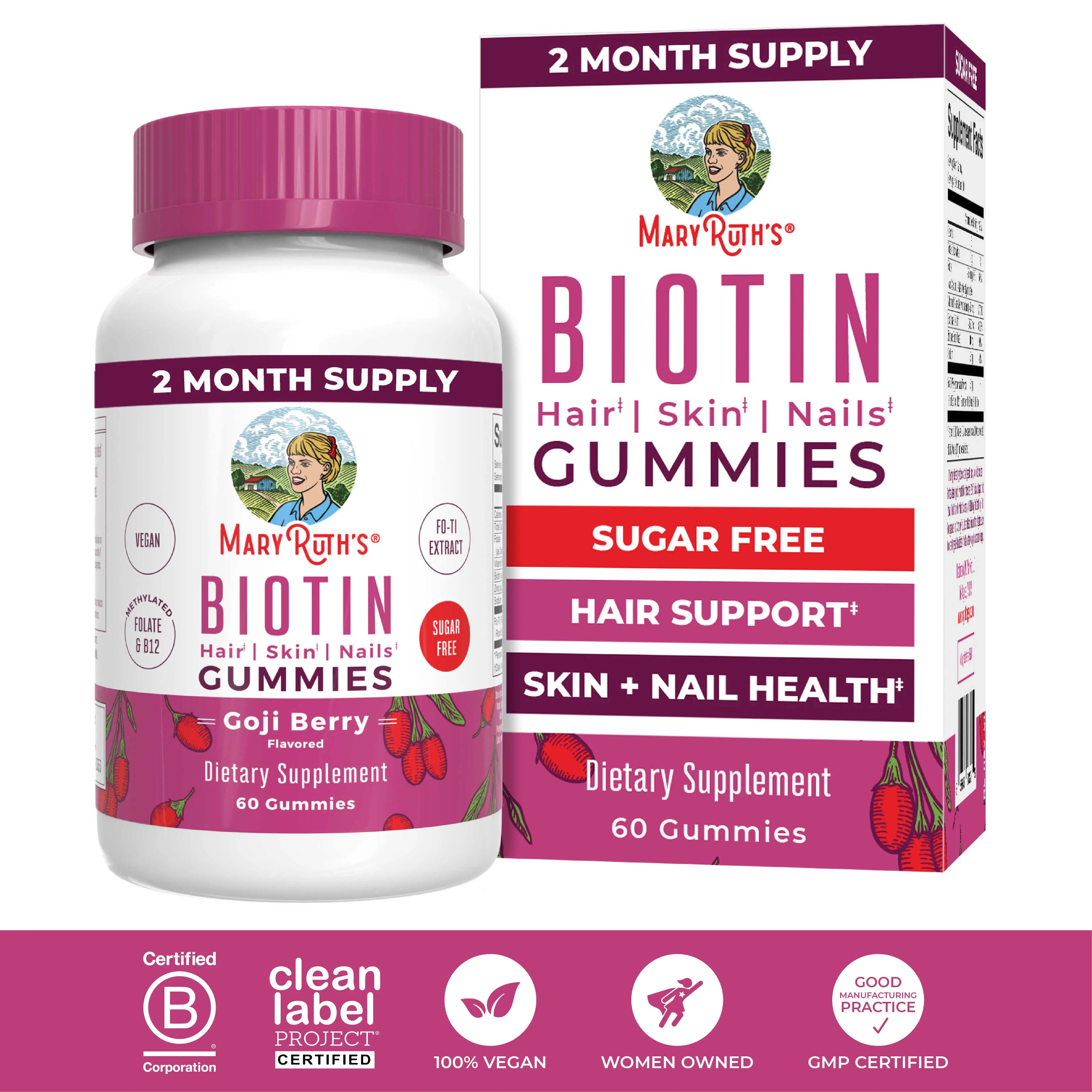 MaryRuth's Biotin Gummies - Sugar Free - 2 Month Supply - Nutrients for Hair Skin & Nails - Biotin 2500mcg - Zinc - B Vitamins - Vegan - 60 Count