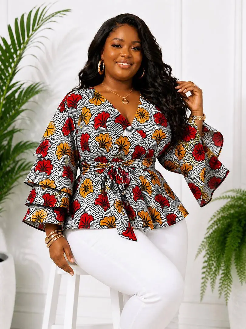 Women's Fashion Ankara Peplum Blouse - Flare Long Sleeve, Comfortable African Print Top with Elegant Wrap Detail, Statement Style 1-Piece Outfit Complement for Skirts