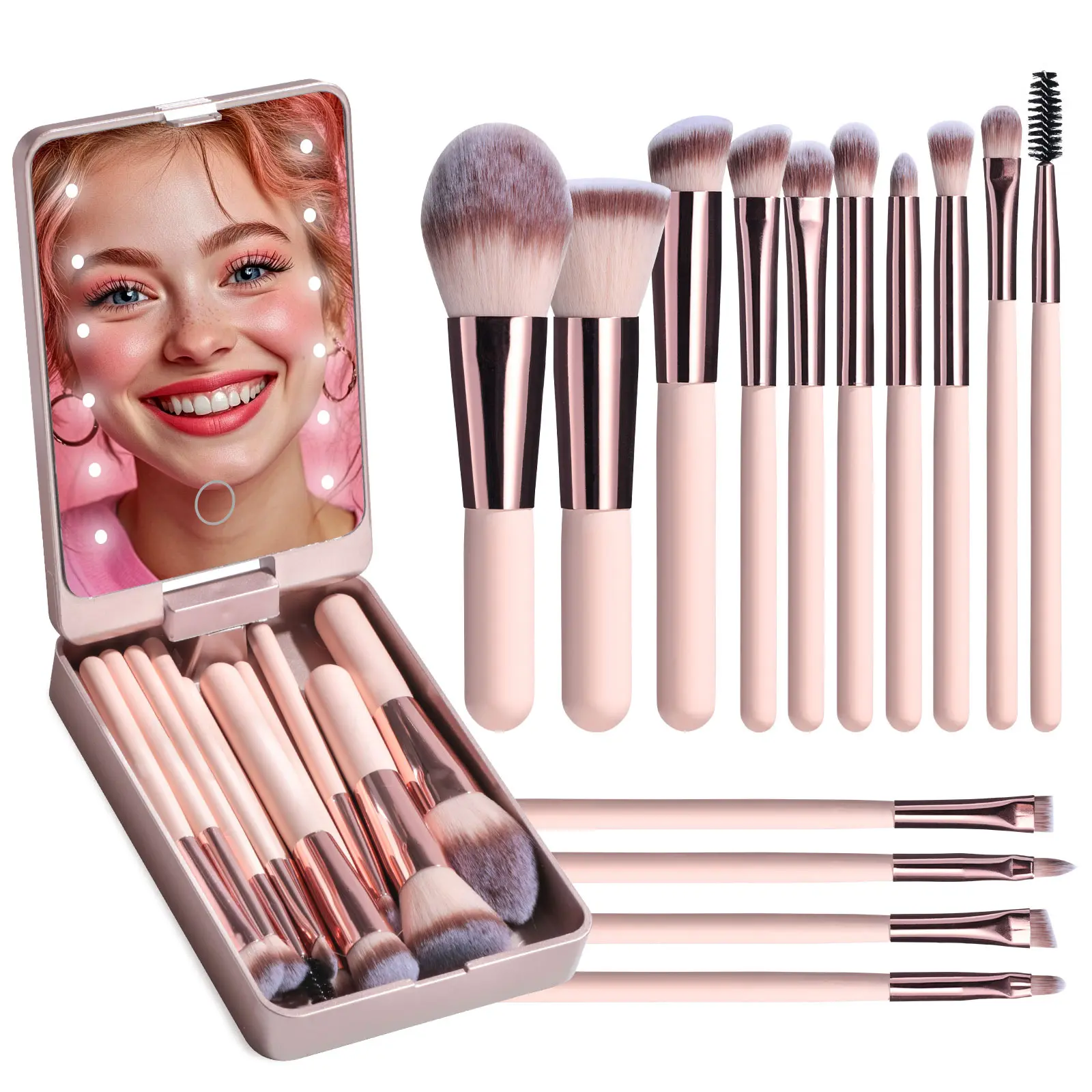 Travel Makeup Brush Set with LED Light Mirror, 14-Piece Cosmetic Brushes Kit for Foundation Concealer Eyeshadow, Perfect Gift for Women, Makeup Brushes Kits, Beauty Brush Set, Face Makeup Brushes, Cosmetics Brushes Set