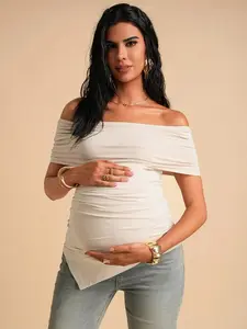 SAMT Bare Shoulder Ruched Bump Friendly Shirt Asymmetric Hem Solid Color Clean Girl Vibe