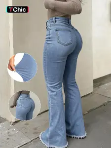 Elegant Chic High-Waisted Stretchy Fitted Slim Fit Tall Denim Jean Flare Pants for Women, Stylish Solid Color Versatile Look for All Seasons, Bottom, Womenswear, Trouser