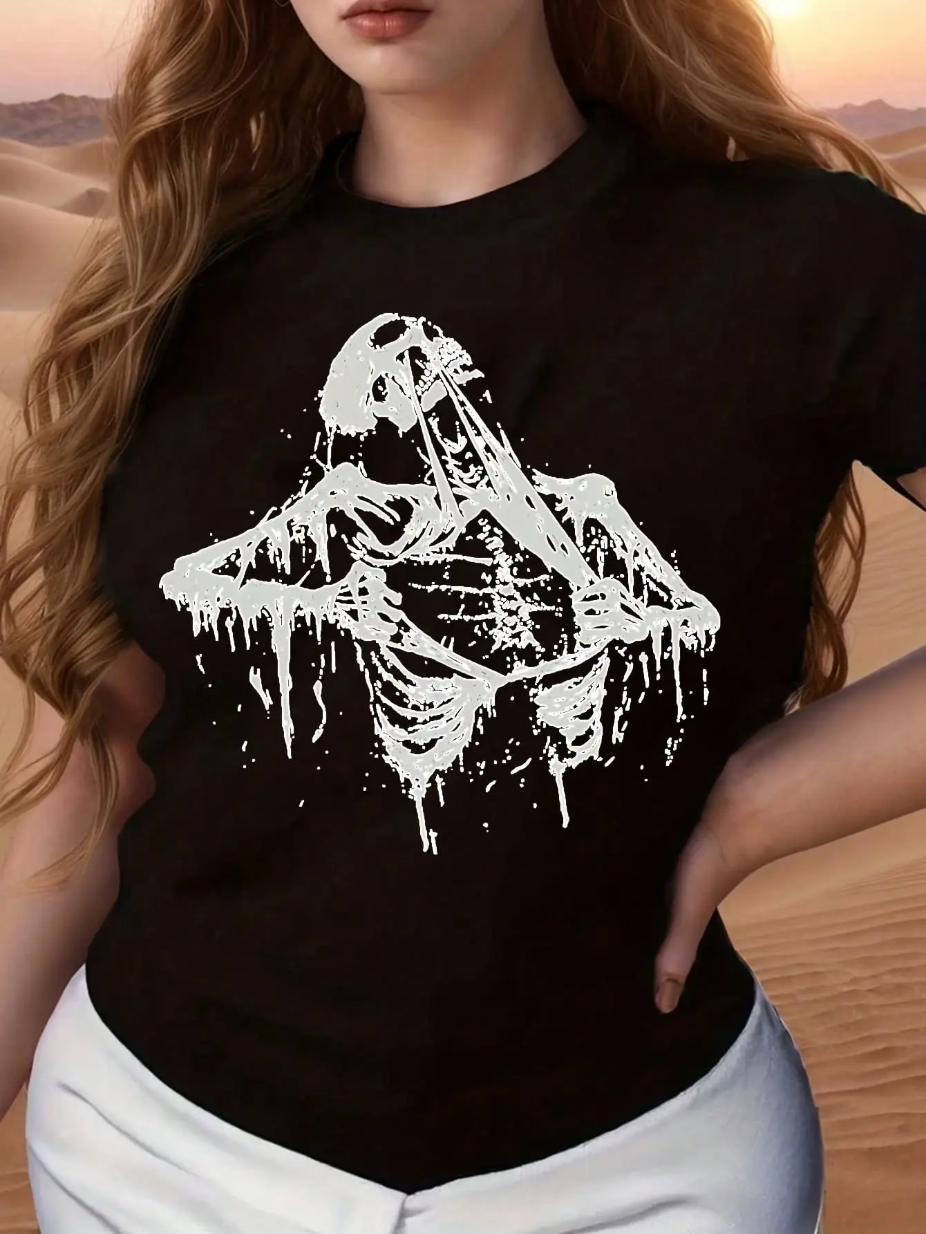 100% Cotton Unisex Men's Women's Skull Graphic Ripped Rib Graphic Print T-Shirt - Casual Crew Neck Short Sleeve T-Shirt, Machine Washable, Suitable For All Seasons, Women's T-Shirts, Edgy T-Shirts