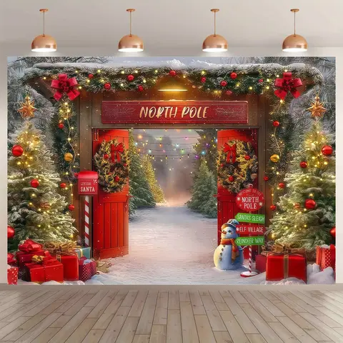 Large Christmas Backdrop Banner Set - Magical Santa's Home Winter Wonderland Design with Snowy Pathways, Decorated Trees, Red Doors - Wrinkle-Free Polyester Photo Background, Machine Washable Home & Festive Party Supply, Party Setup