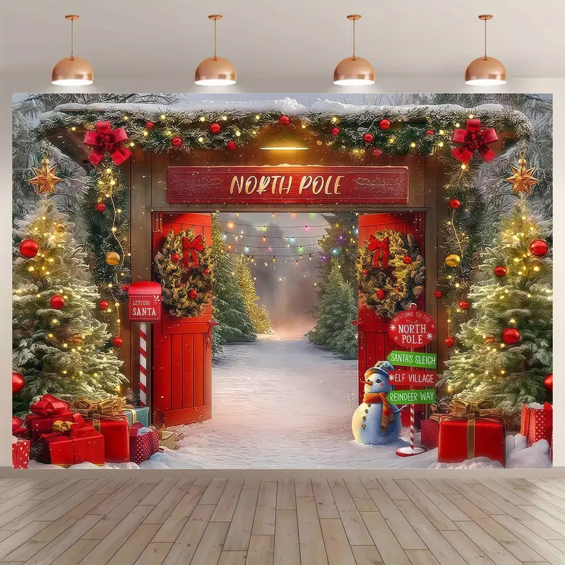 Large Christmas Backdrop Banner Set - Magical Santa's Home Winter Wonderland Design with Snowy Pathways, Decorated Trees, Red Doors - Wrinkle-Free Polyester Photo Background, Machine Washable Home & Festive Party Supply, Party Setup