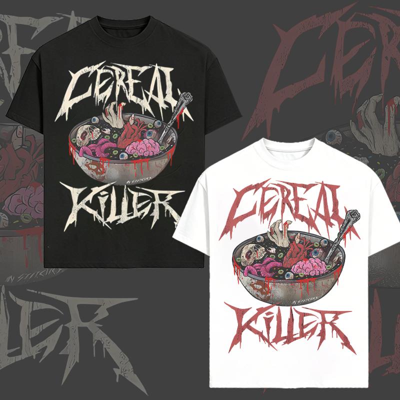 Men's "Cereal Killer" Thrash Metal Graphic T-shirt, Dark Humor Horror Breakfast Oversized Streetwear Tee，Edgy Serial Killer Pun T-shirt, Gore Body Part Horror Graphic Cotton Tee for Men，A birthday gift for grain lovers
