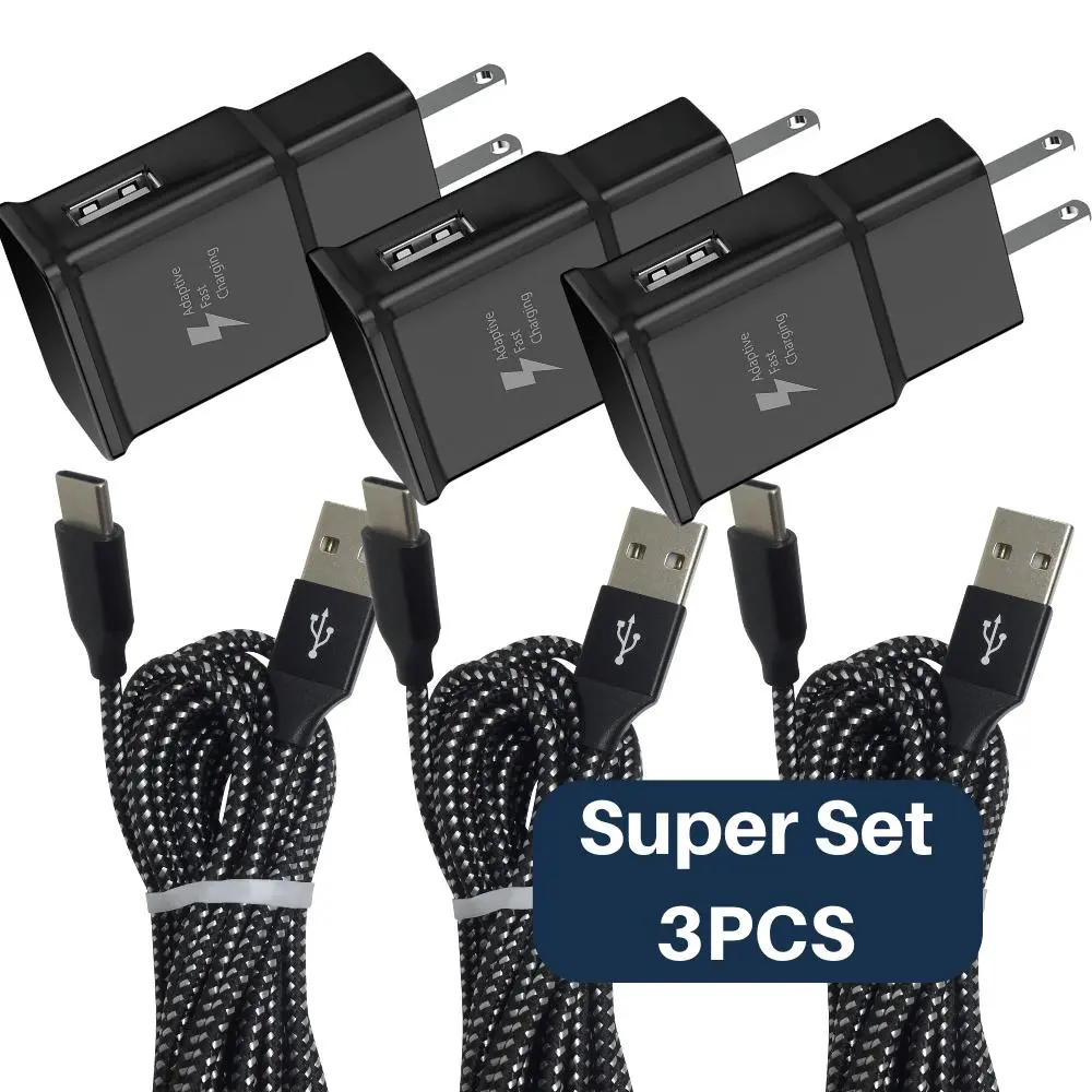 3PCS Steel Braided Quickcharge Type-C Data Charging Cable & USB Connector Cellphone Charger Set, 10ft Long Charging Solution for Samsung S8/S9/S10, Android Cellphones, Universal Charging Adapters