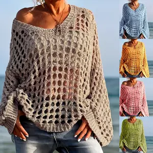Womens Crochet Knit Sweater Y2K Long Sleeve Hollow Out Pullover Top Beach Cover Up Loose Fit Fishnet Shirt