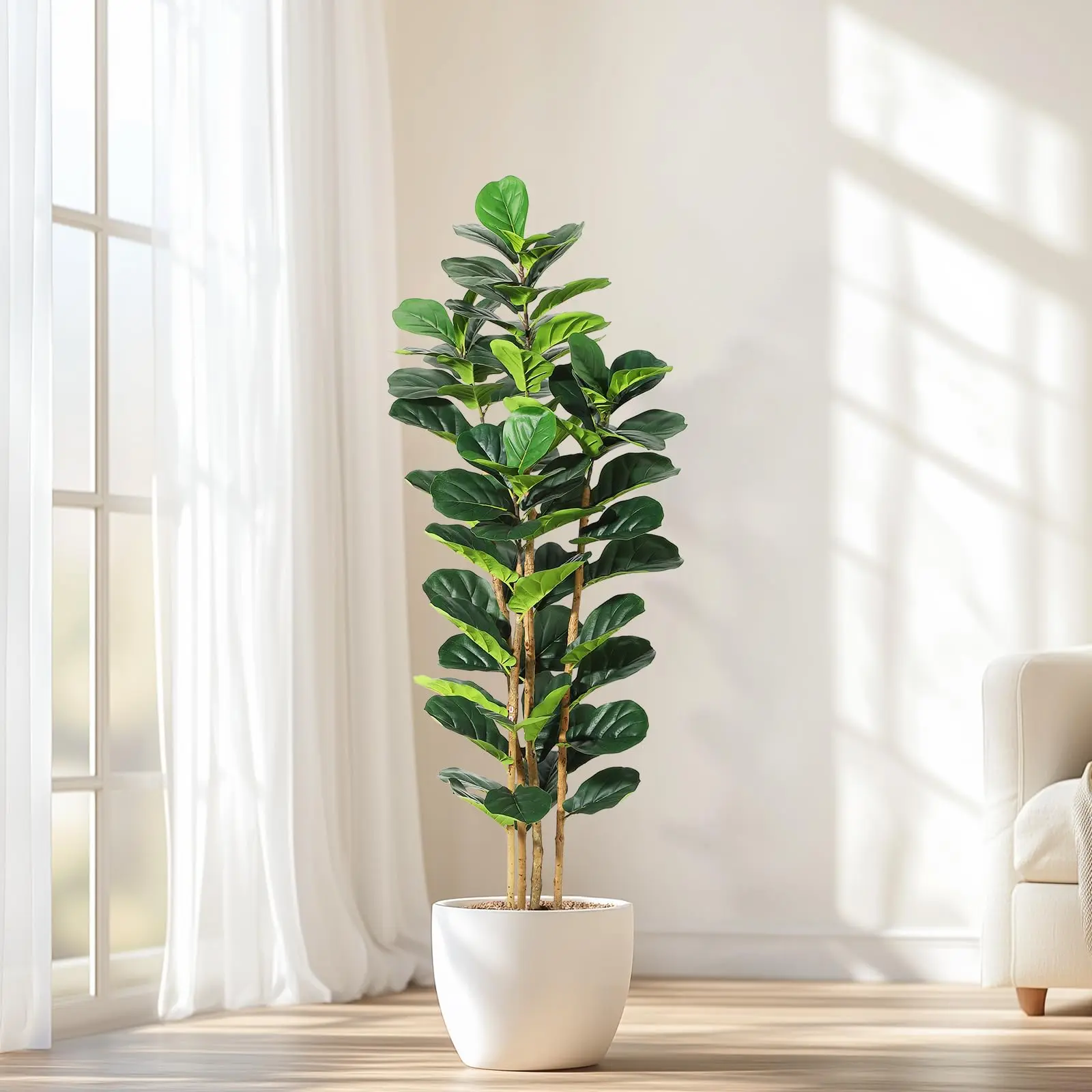 【GARVEE】Artificial Fiddle Leaf Trees in 5ft, 6ft, and 7ft heights featuring lifelike faux Ficus Lyrata and Rubber Plants with lush green leaves, elegantly potted in white planters for indoor and outdoor decor Decorative Fruit