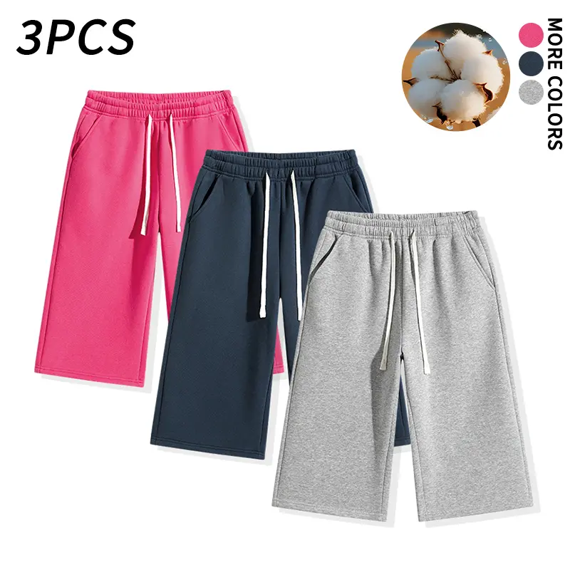 Men’s 3 pack includes joggers with some cotton, seven eighths length, high waist with drawstring, loose fit, side pockets—casual wear for everyday home, fitness/exercise, and walking; available in multiple colors. three-quarter summer shorts