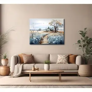 [Hanging Art]2D Flat, Framed Rustic Farmhouse Canvas Wall Art, Beautiful Field of Wildflowers with Barn, Nature Scenery Painting, French Countryside Wall Art for Bathroom, Bedroom, Living Room, Office Wall Decor
