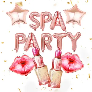 14pcs Rose Gold Spa Party Banner Foil Balloon Set, Balloon Decorations Kit, Includes 'spa Party' Banner, Lipstick Foil Balloons, Sleepover Decorations, Balloon Garland