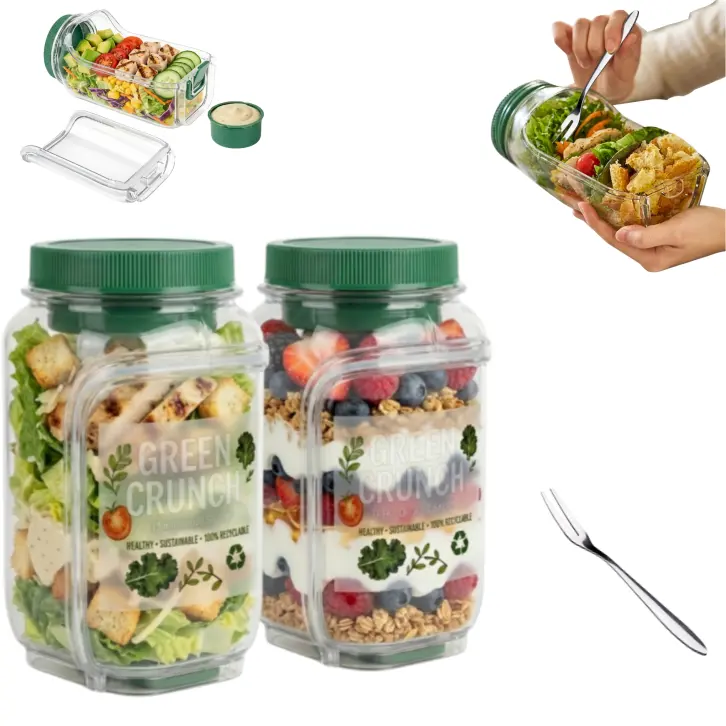 [2Pack]Green/Orange Salad bottles,Salad Jar with Side Access for Lunch,Portable Salad Dressing Container with Lid,Leakproof Dressing Compartment for Travel,Microwave/Dishwasher/Freezer Safe,Suitable for Outdoor,Work,FitnessPortable,Keeps Food Fresh