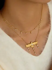 Minimalist 18K gold-plated eagle bird tassel pendant necklace, paired with white zircon tassel pendant necklace, stainless steel waterproof jewelry, perfect Valentine's Day gift, Daily Wear Necklace