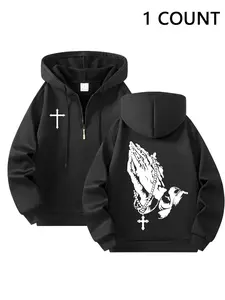 Men's Spring Fall New Prayer Gesture Print Half Zip Hoodie, Comfortable Casual Fitted Sweatshirt, Ideal for Fitness and Daily Wear