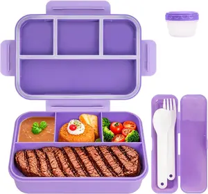 Bento Lunch Box, Lunch Containers for Adults with 4 Compartments, Reusable Kids Lunch Box Containers Microwave Dishwasher Safe for Work, Travel, Purple Bento Lunchbox (BPA-Free&Leakproof)