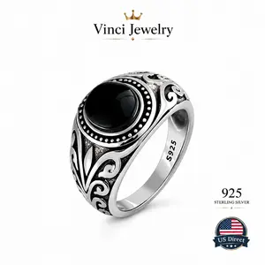 S925 Iris Synthetic Obsidian Ring for Women Men Unisex, Vintage Retro Gothic Sterling Silver Scroll Engraved Biker Jewelry for Men, Big Chunky Ring Victorian Style Jewelry Gift for Father Mom, Father's day Gift Boho Statement Ring Exquisite Trendy Ring