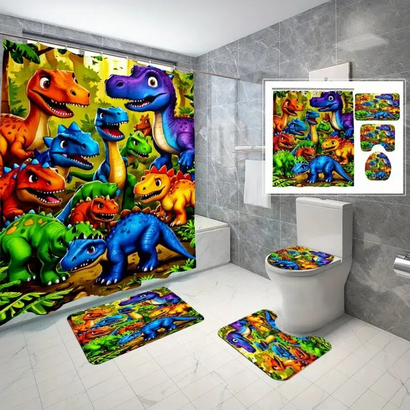 1/4pc Vivid Dinosaur Pattern Shower Curtain Set, Festive Design, Bathroom Supplies, Bathroom Decor And Accessories, Includes Non-Slip Mat, U-Shaped Rug, Toilet Seat Cover, Perfect for Bathroom Decor, Comes with 12 Shower Curtain Hooks