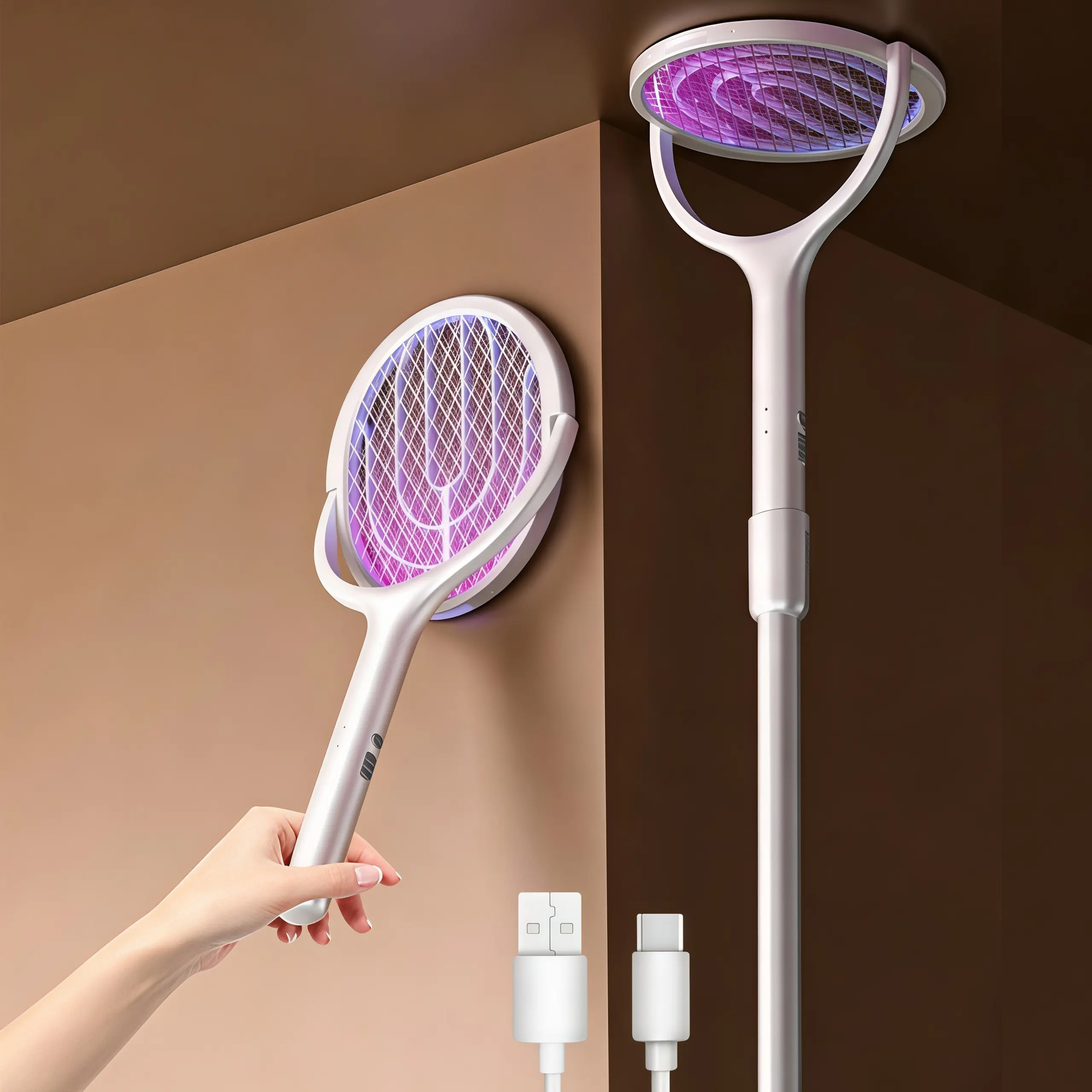 LMMAKE 1PC Handheld Electric Fly Swatter Racket - Extensible Telescopic, Rotatable Head, Rechargeable USB-C Charging Pest Control Tool for Indoor Mosquito & Fly Elimination