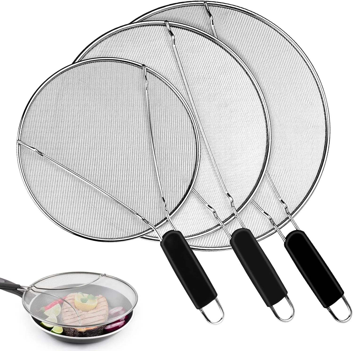Splatter Screen for Frying Pan - 9.8" 11.4" 13" Stainless Steel Fine Mesh  Splatter Guard with  Handle, Hot Oil Splash Guard for Cooking to  Oil Splatter, Safe Cooking