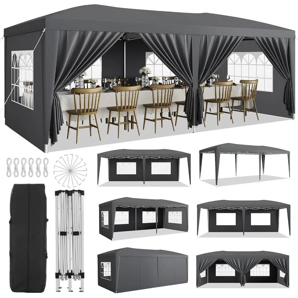 10x20 Heavy Duty Pop Up Canopy Tent with 6 Removable Sidewalls, Easy Up Commercial Canopy Tents for Parties, Large Outdoor Canopies with 3 Adjustable Heights, Stakes X18, Ropes X6,