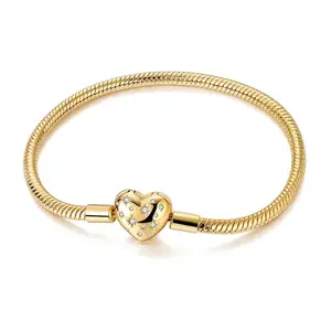 925 Sterling Silver Bracelets 17-20CM Original Golden Sparkling Heart Shaped Bracelet Fit DIY Charms Beads Fashion Women Jewelry stainless steel