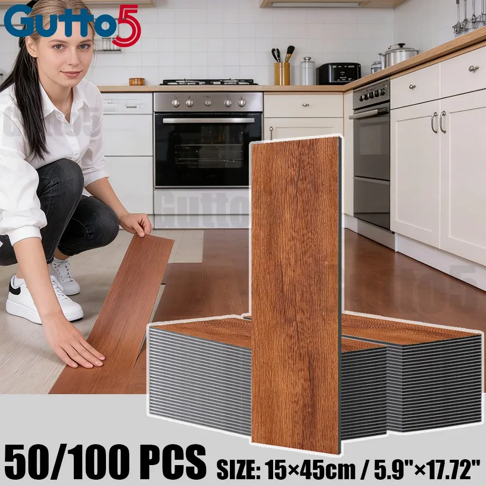 50/100 Self-Adhesive Wood Grain Floor Stickers, Thick Vinyl Material, Easy Peel and Stick, Ideal for Commercial and Home Use, Wood Grain Finish, Stick and Peel Flooring