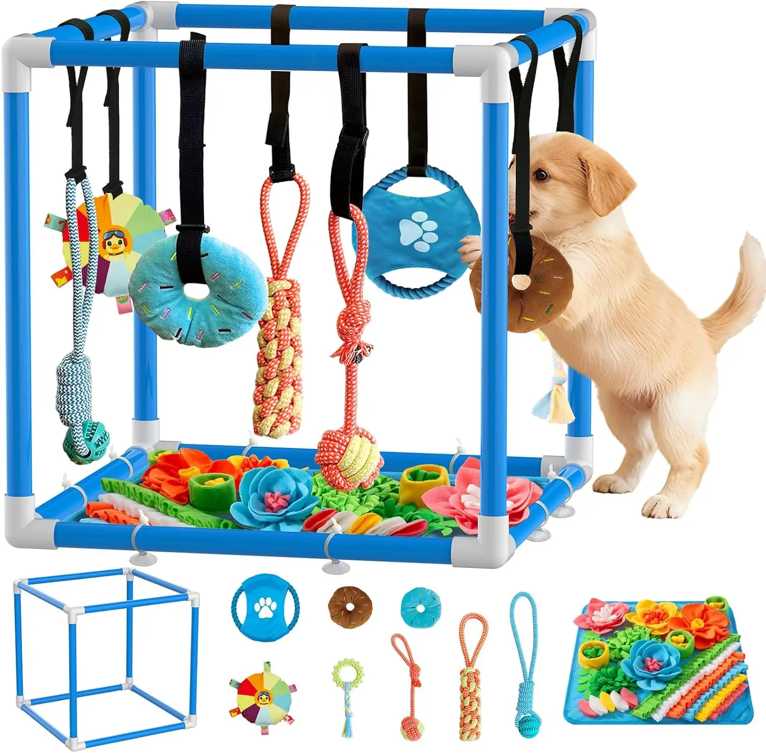 Indoor Puppy Play Gym - PVC Frame, Snuffle Mat Agility Equipment, 8 Hanging Toys, Stretchy Velcro Rope, Bite-Resistant Boredom Enrichment for Small Dogs (Blue, 19.6x19.6x19.6in) Combats Boredom, Encourages Natural Foraging Behavior, Animal Toy Agility Equ