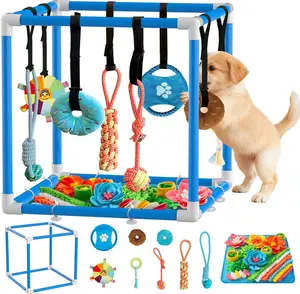 Indoor Puppy Play Gym - PVC Frame, Snuffle Mat, 8 Hanging Toys, Stretchy Velcro Rope, Boredom Enrichment Activity for Small Dogs (Blue, 19.6x19.6x19.6in) bite resistance