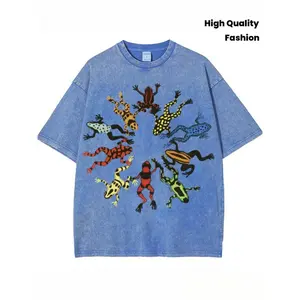 Washed effect frog dance print T-shirt, high-quality Baddik vintage fashion brand T-shirt, unisex T-shirt, popular daily wear T-shirt, holiday gift, perfect present,summervibes