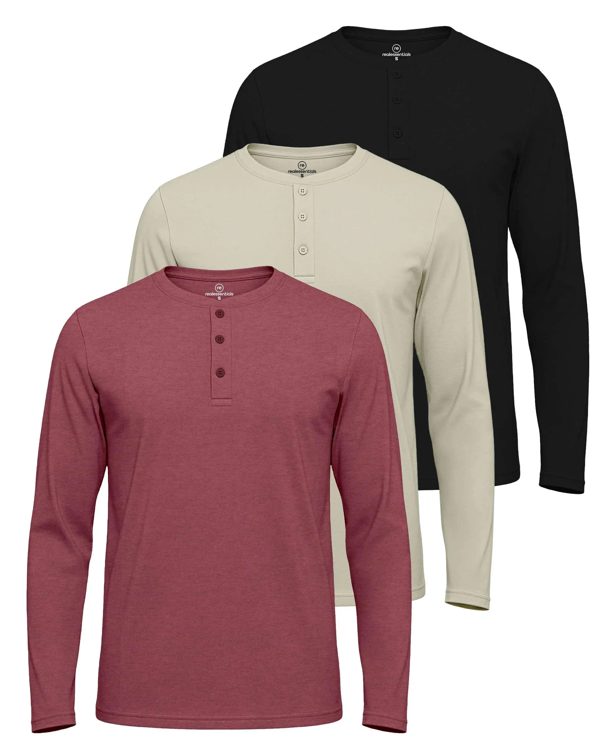 3 Pack Men's Cotton Long Sleeve Henley T Shirts Casual Work Gym Workout Tee