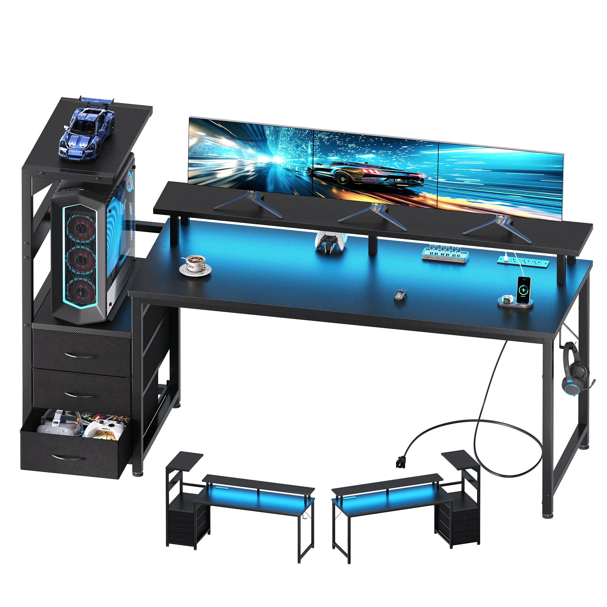 L Shaped Gaming Desk with Shelves Storage Drawers 59'', White Computer Desks with LED Lights Power Outlets, Office Wood Table with PC Stand Cable Management for Bedroom Dual Monitor Streaming, Drawers Desks, Monitor Riser Desks
