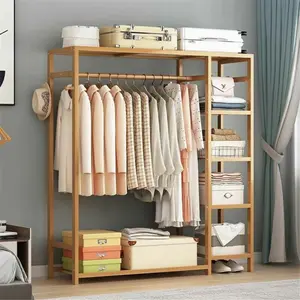 Heavy Bamboo Open Wardrobe Closet Garment Rack Clothing Hanging Organizer Shelve Hangable Classic Storage Shelf Furniture Organization