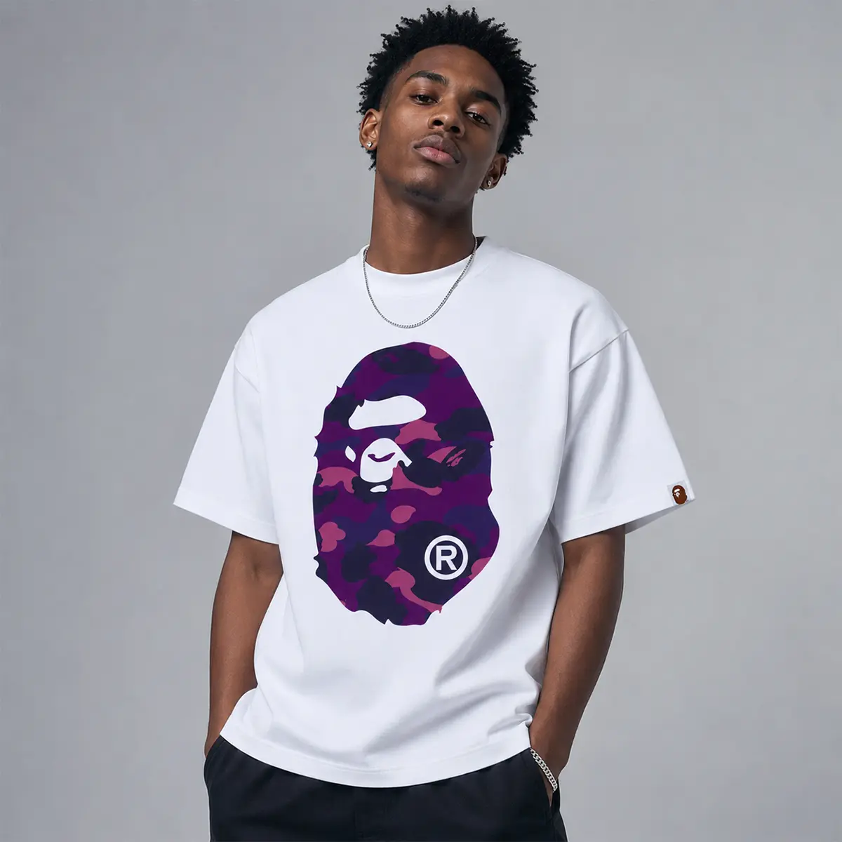 (Retail $135) (Run small) BAPE Color Camo Big Ape Head Tee White/Purple