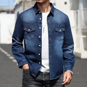 Men's Vintage Distressed Long Sleeve Denim Shacket, Washed Cotton Fabric, Western Style Button Down Shirts with Chest Pockets, Casual Streetwear Shacket for Daily & Outdoor Wear