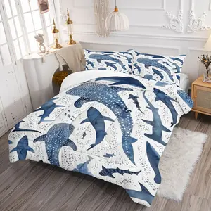 2/3Pcs Ocean-Themed Comforter Set, Vibrant Blue Sharks and Whale Sharks Digital Print Bedding Set, Soft and Cozy for Beach Lovers, Perfect for Bedroom Decor All Year Round, Pillowcase No Filler