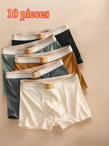 Men's Mixed Color Letter Print Briefs Set of 10, 95% Polyester 5% Spandex, Stretch Knit Fabric, Breathable Comfort, Soft Casual Underwear, Gym Shorts, Boxer Shorts, Stretchy Boxer Briefs